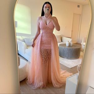 Pink Beaded Tulle Evening Gown w/ Overlay Skirt